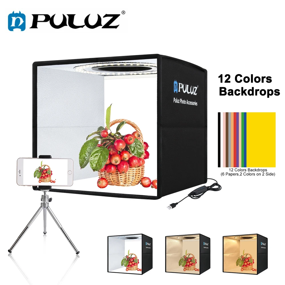 

Puluz 25CM Photo Studio Light Box,Photo Studio Shooting Tent Box Kit,Large Photography Lightbox With 6/12 Color Backdrop Softbox