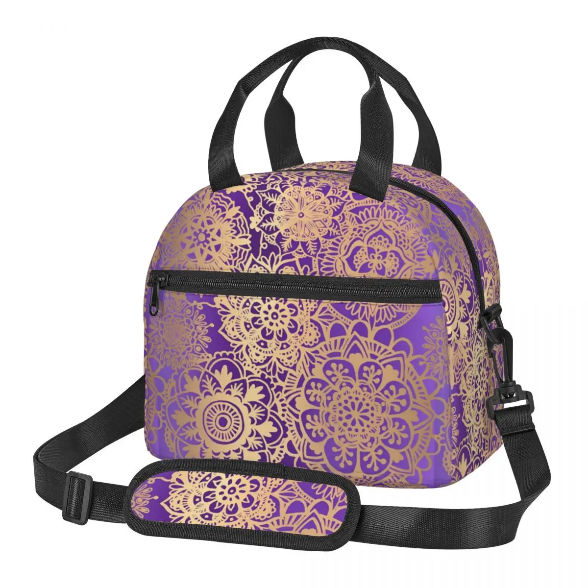 

Boho Mandala Lunch Bag Purple and Gold Picnic Lunch Box For Men Vintage Graphic Design Thermal Tote Handbags Oxford Cooler Bag