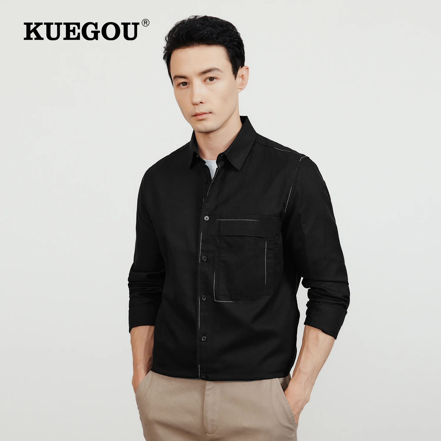 

KUEGOU 2022 Autumn Cotton White Black Casual Pocket Shirt Men For Male Fashion Collar Button Slim Long Sleeve Clothing 20550