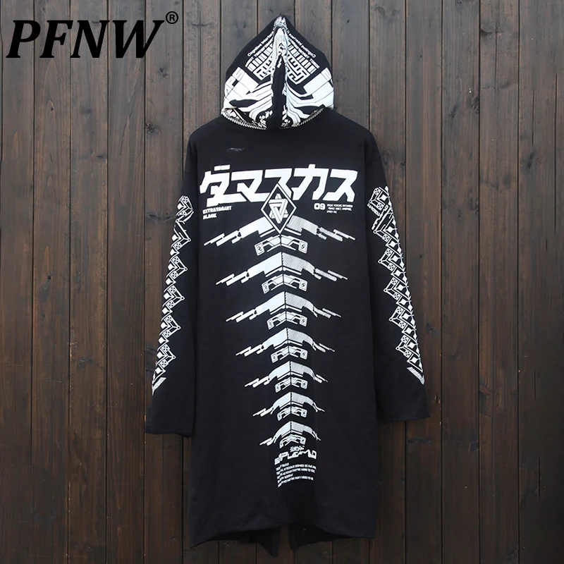 

PFNW Spring Autumn Men's Fashion Darkwear Long Cloak Hooded Design Trench Coat Chic Handsome Print Techwear Windbreaker 12A7887