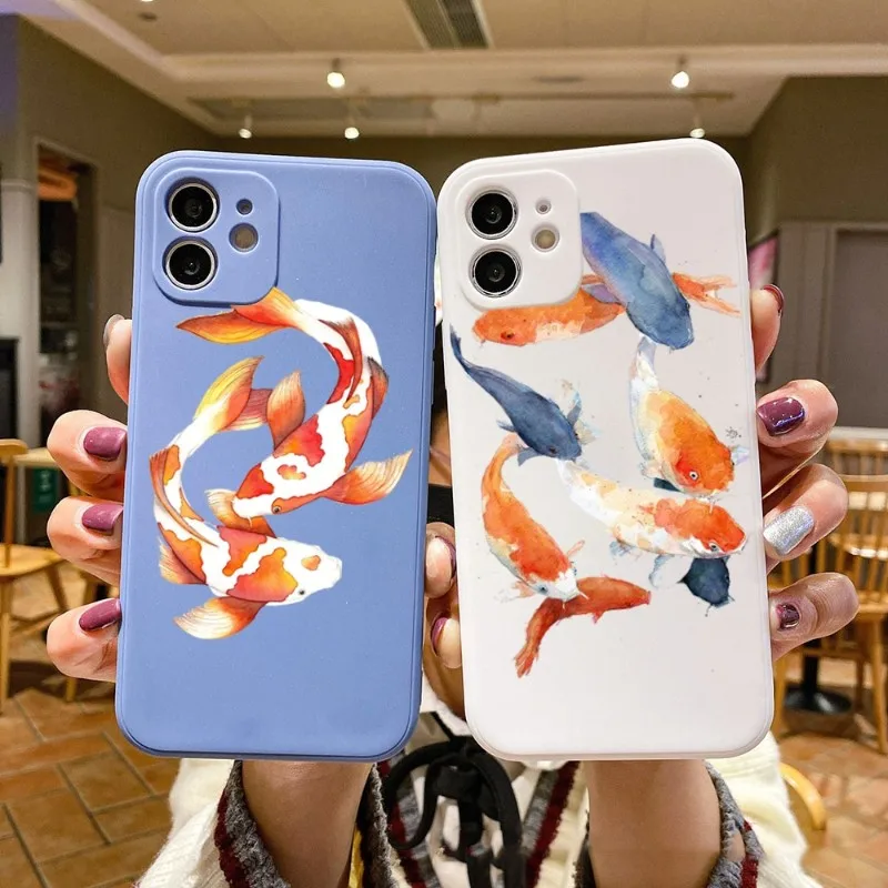

Чехол Koi Lucky Fish для телефона IPhone 14 11 12 13 Pro Max X XR XSMax 6 6S 7 8 Plus SE 2022, Мягкий Квадратный цветной чехол для телефона