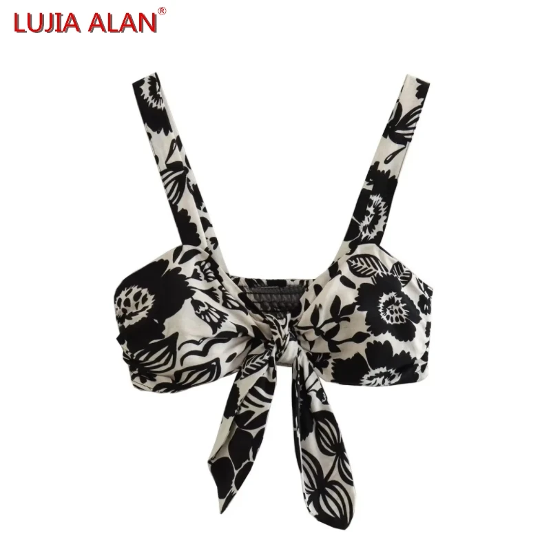 

Summer New Women Flower Printed Knotting Decoration Corset Sling Blouse Female Slim Fit Shirt Casual Crop Tops LUJIA ALAN B1937