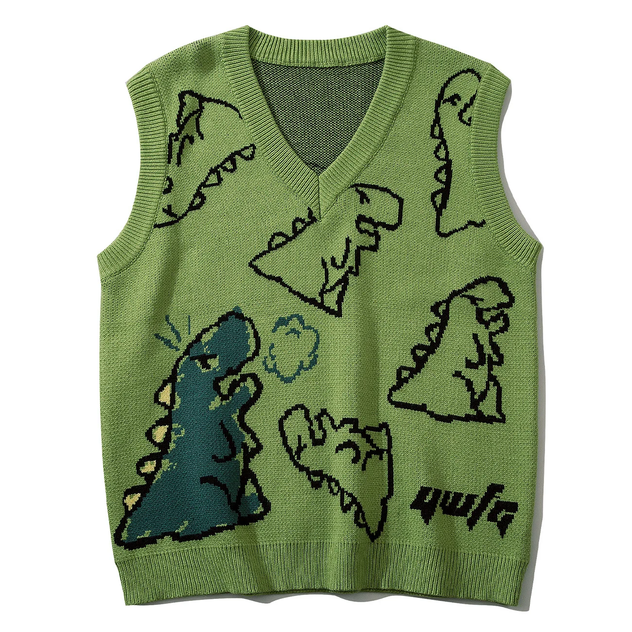 

Dinosaur LACIBLE Harajuku Men Knitted Tops Graffiti Graphic Sleeveless Vest Loose Casual Kintted Tank Pullover Streetwear