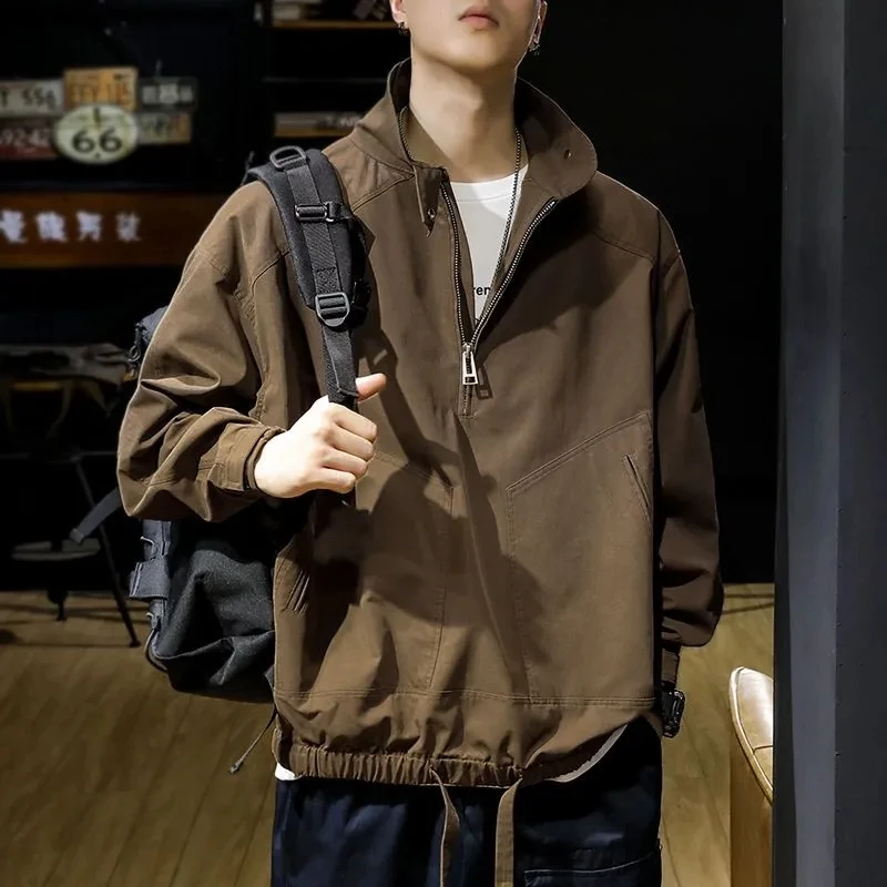 

Retro American Workwear Punching Jacket Men's Half Zipper Jacket Spring and Autumn Tide Loose Pullover Standing Collar Jacket