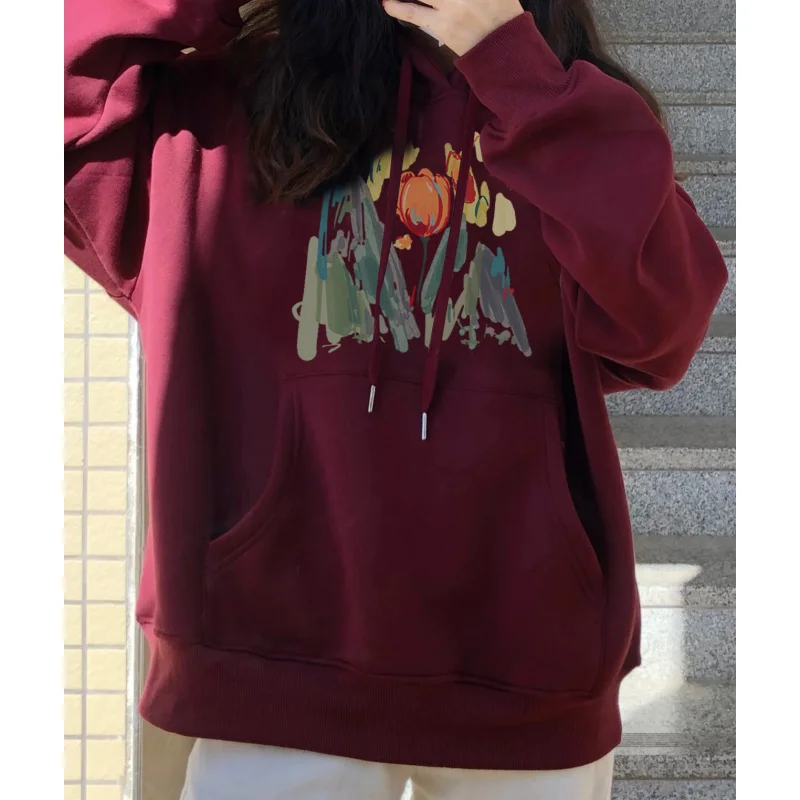 

Женская одежда, Корейская Новинка, модный мешковатый однотонный бордовый пуловер, свитшот с индивидуальным принтом, толстовка с длинными рукавами реглан