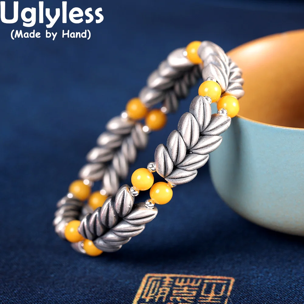 

Uglyless Creative Wheat Bracelets Women Vintage Thai Silver Jewelry Natural Amber Beeswax Bracelets 925 Sterling Silver Bijoux