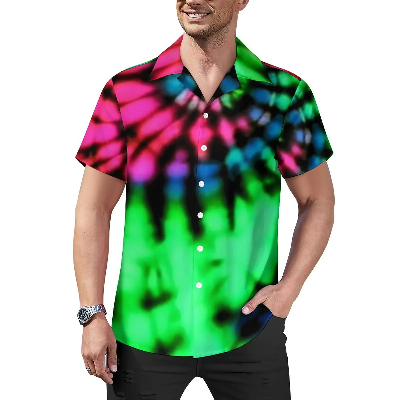 

Bright Tie Dye Vacation Shirt Rainbow Print Hawaiian Casual Shirts Man Harajuku Blouses Short Sleeves Graphic Clothes Large Size
