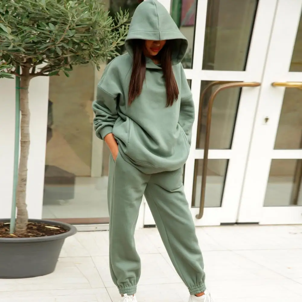 

2 Pcs/Set Trendy Casual Deep Crotch Autumn Tracksuit Winter Hoodie Pants Set Hat Thermal