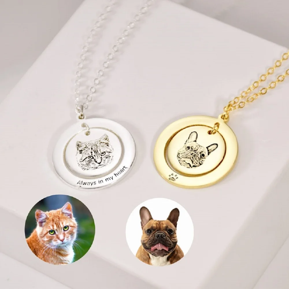 

Custom Pet Portrait Necklace Personalized Dog Photo Pendant Animal Lover Pet Loss Gift For Women Engraved Name Memorial Jewelry