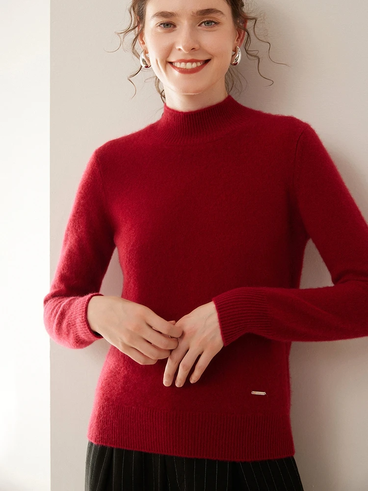 Zhenkang Saini Thickened a-Gauge Baby00% Pure Cashmere Sweater Women Half-high Collar Loose Knitted Bottoming Shirt |