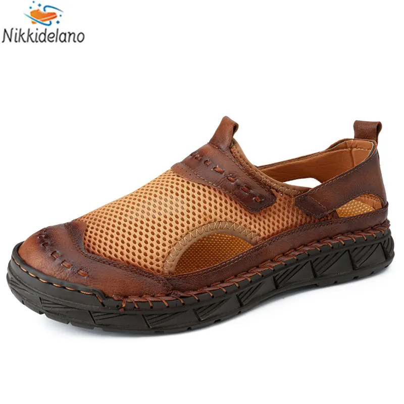 

New Men Sandals Outdoor Leather Sandals For Summer 2023 Men's Mesh Sandals Fashion Soft Comfortable Sandals Slides Plus Size 48