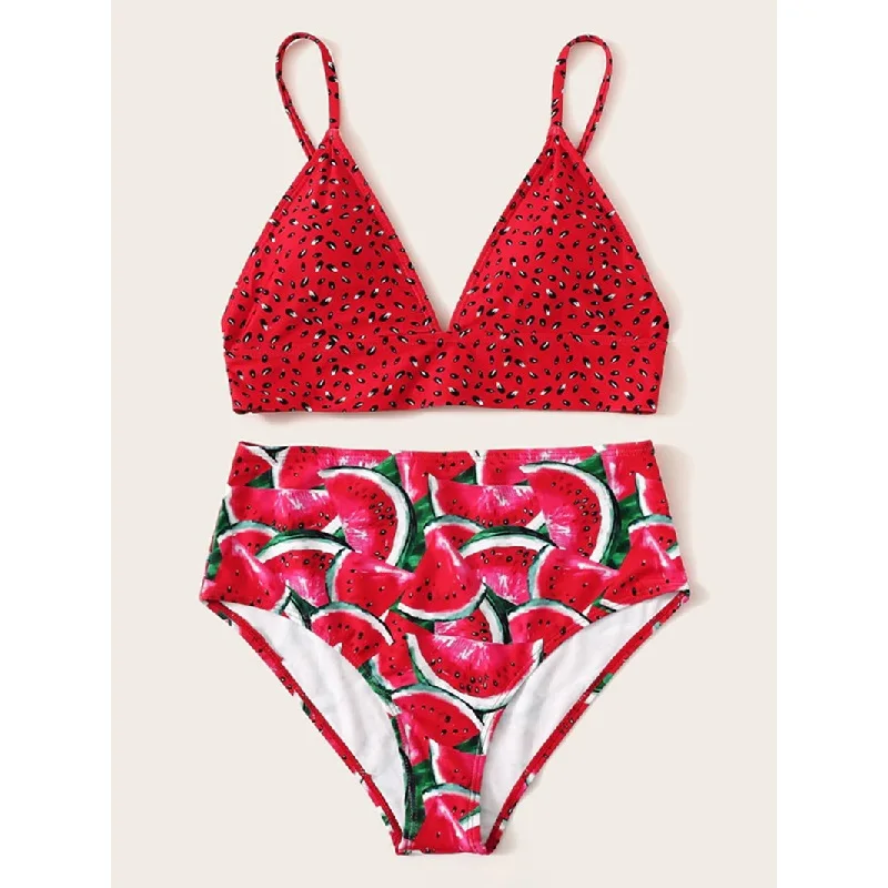 Купальник-бикини женский с высокой талией чашками пуш-ап и принтом