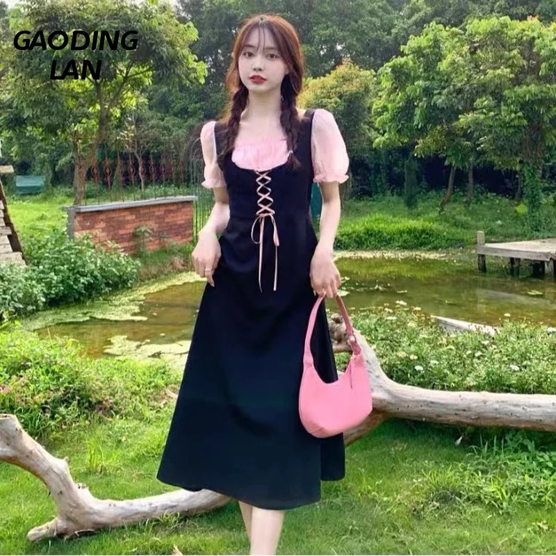 

Summer Women Square Collar Short Sleeve Prairie Chic Dress Contrast Color Lace Up Fake Two High Waist A Line Slim Fit Dresses