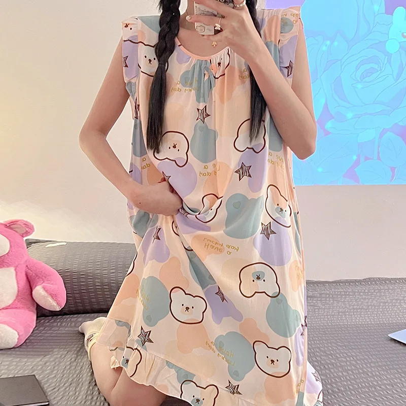 Summer Girls' Vest Style Dress Pajamas Round-Neck Sleeveless Floral Print Nightgowns One Size 100% Viscose Comfortable Vestidos