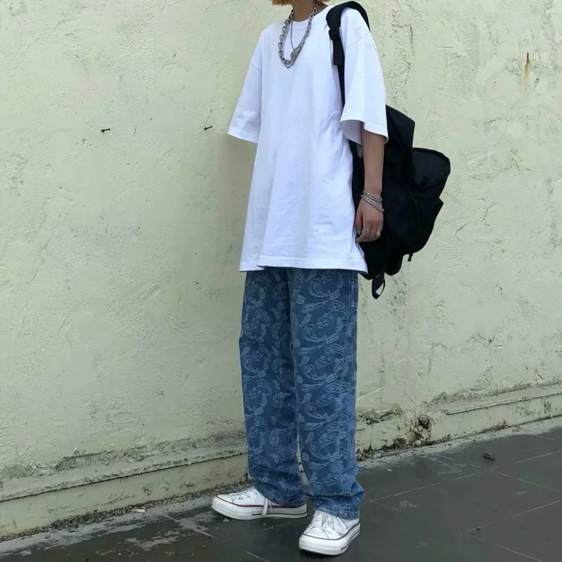 Women Fashion New Street Hip Hop Embroidery Jeans Loose Straight Leg Retro Men and Women Jeans Punk Loose Jeans Hip Hop Jeans