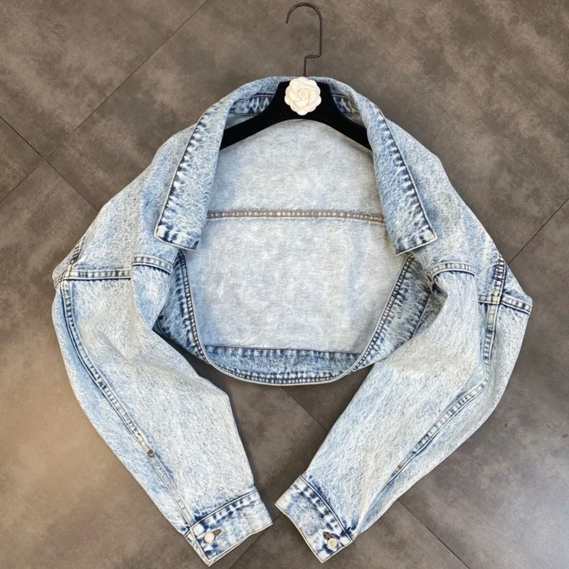

J GIRLS 2022 Autumn Long Batwing Sleeve Turn Down Collar Light Blue Denim Jacket Women Overalls Vintage Coat GC076