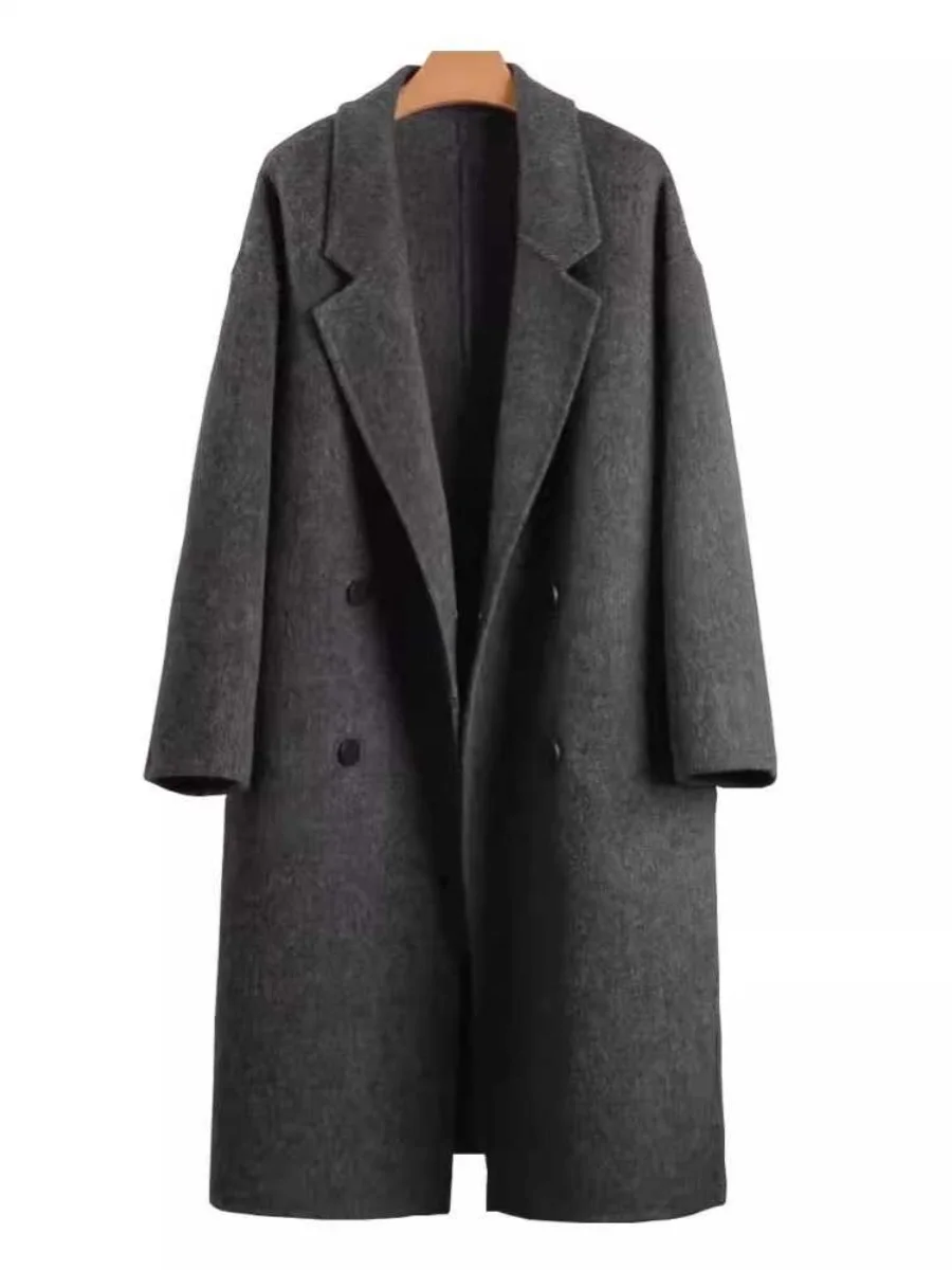 Осень-зима 2024 новое серое двустороннее кашемировое пальто женское свободное