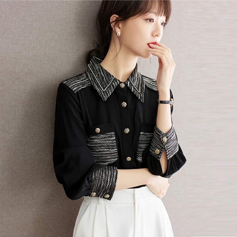 

Silk Women's Shirts Summer 2023 New Patchwork Satin Blouses Loose Vintage Long Sleeves Polo Neck Tops Ladies Clothing YCMYUNYAN