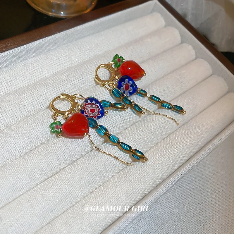 

Bohemian Flower Love Earrings Crystal Chain Tassel Fashion Temperament Design Sense New