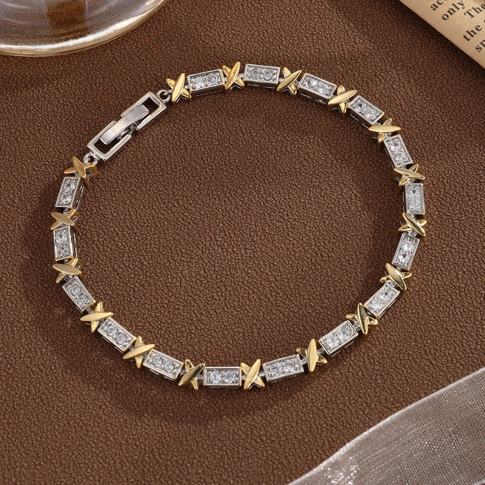 ZAKOL Классический Золотой X-образный Сверкающий Круглый Браслет С Фианитом Для