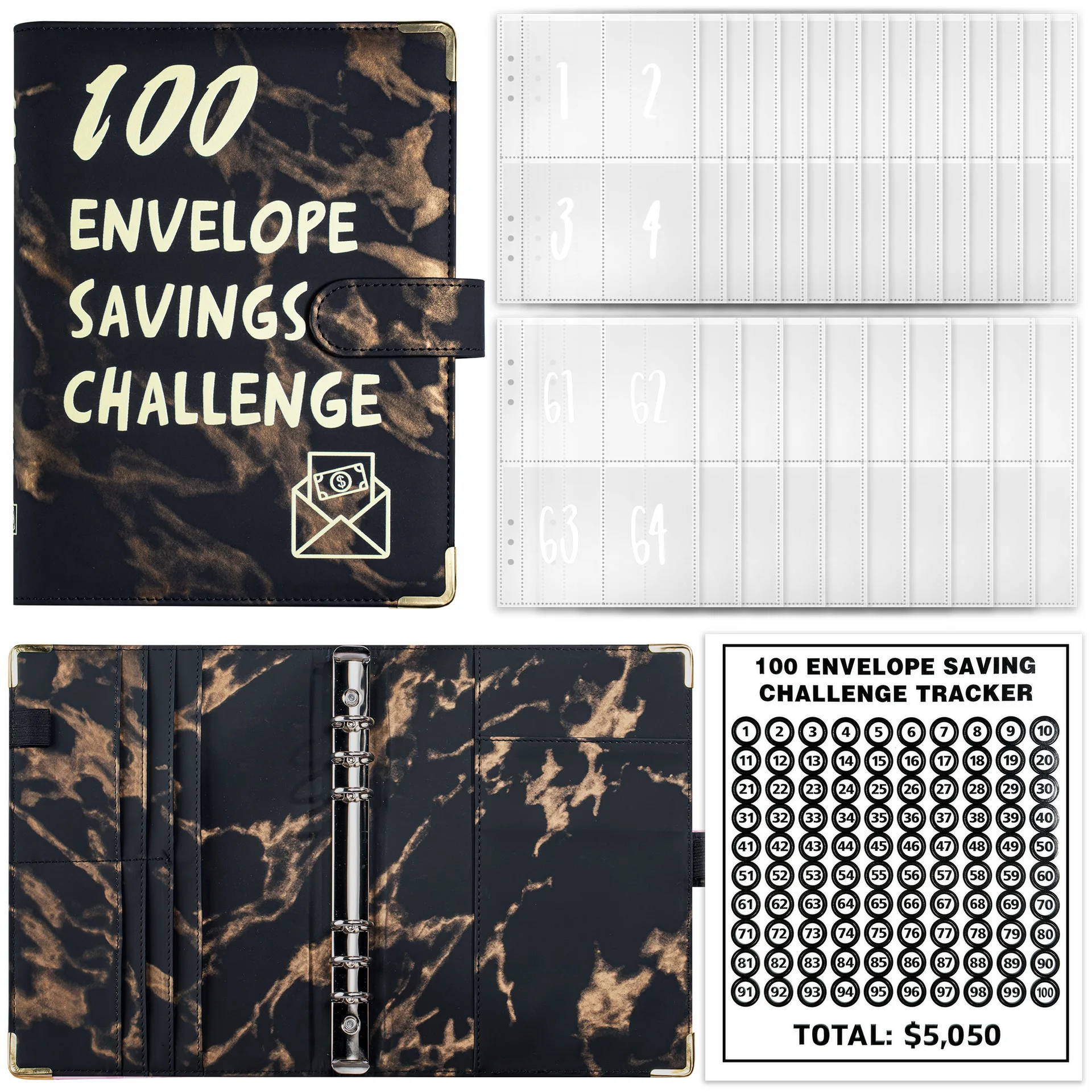 

A5 Marble 100 Envelope Savings Challenge Loose-Leaf Binder Budget Binder With Cash Envelopes Money Organizer System