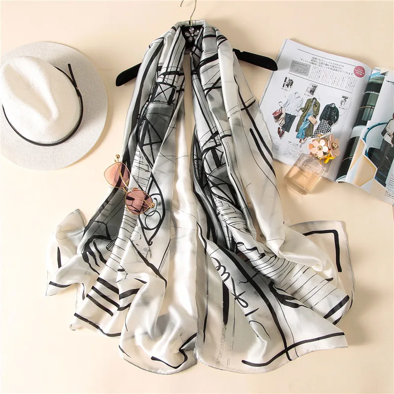 

fashion women silk scarf female Doodling scarves ladies beach wrap classic chiffon shawl soft sunscreen bandanna foulard muffler