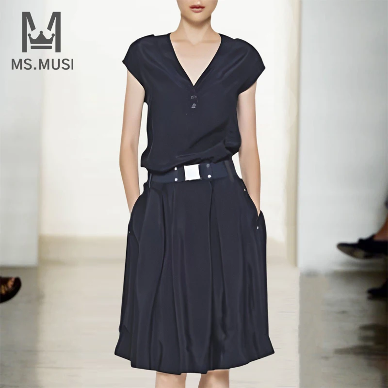 

Новинка 2022, летнее модное женское пикантное элегантное стильное платье-миди MSMUSI с V-образным вырезом и коротким рукавом, трапециевидного си...