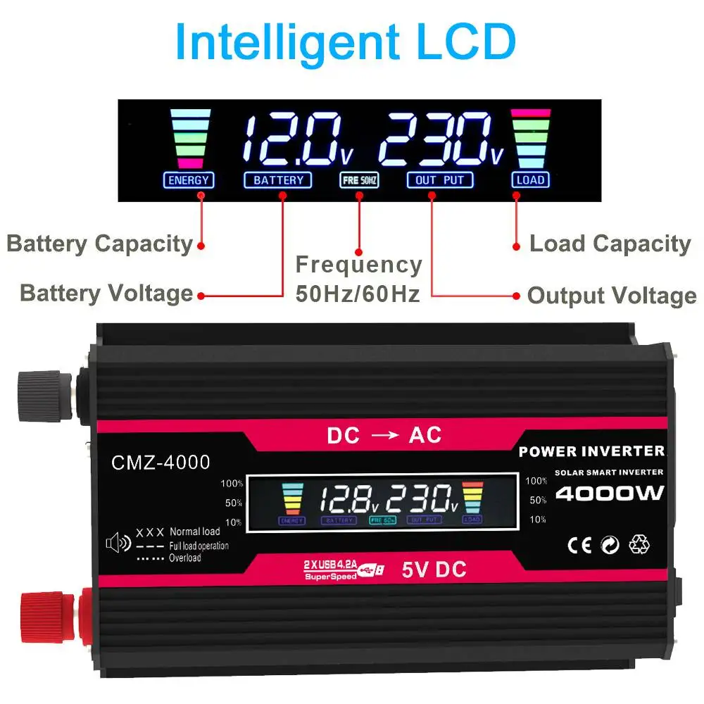 

Car Power Inverter Adapter 4000W LCD Display 12V DC to AC 110v/220v Truck Converter Voltage Transformer 2 USB Inverter