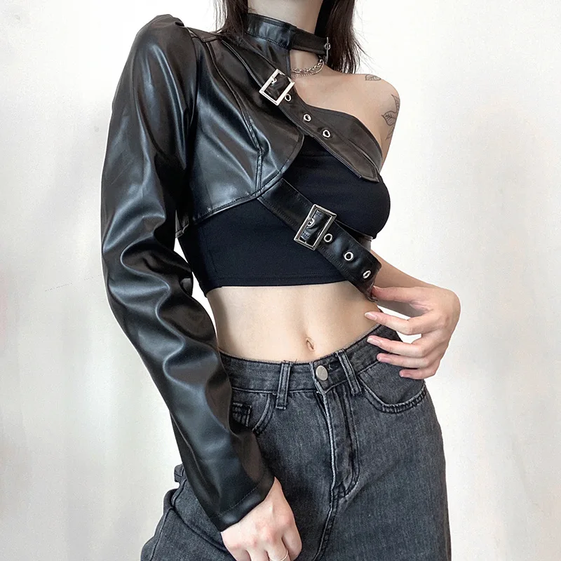 Кожаная куртка Tube Top Set Women Halter Metal Buttons One Shoulder Motorcycle Club Streetwear Gyaru Punk Hip Hop Укороченная