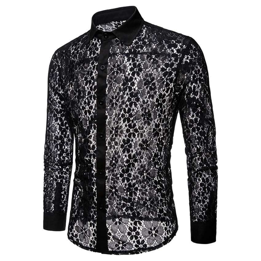 

Men Lace Shirt Sexy Short Sleeve See Through Lace Shirt Mesh Party Prom Marriage Event Shirt Clothes Tops