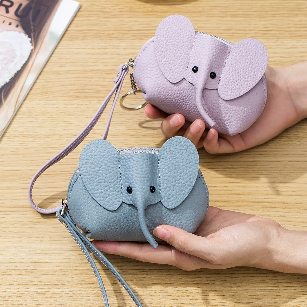 Fashion Wallet for Women Genuine Leather Keychain Small Wallets Kids Cartoon Elephant Mini Change Purses Christmas Gift 2023 New