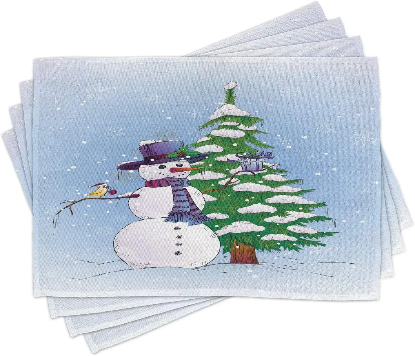 

Christmas Place Mats Set of 4 Snowman In The Winter Mistletoe Present Top Hat and Scarf Tree and Bird Washable Fabric Placemats