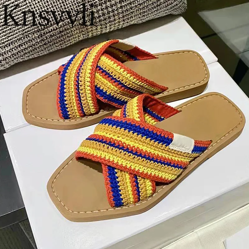 

Summer Slippers Women Knitting Slides Woman Fashion Comfort Flat Mules Peep Toe Designer Brand Shoes Women Zapatillas Mujer