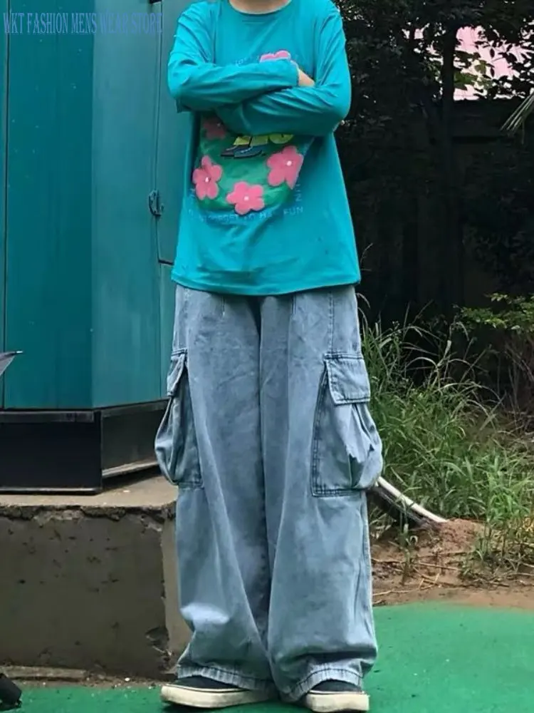 Retro Workwear Jeans Men's Clothing Loose Straight Wide-Leg Harajuku Style Bloomers Cargo Streetwear Pants for Men Drawstring