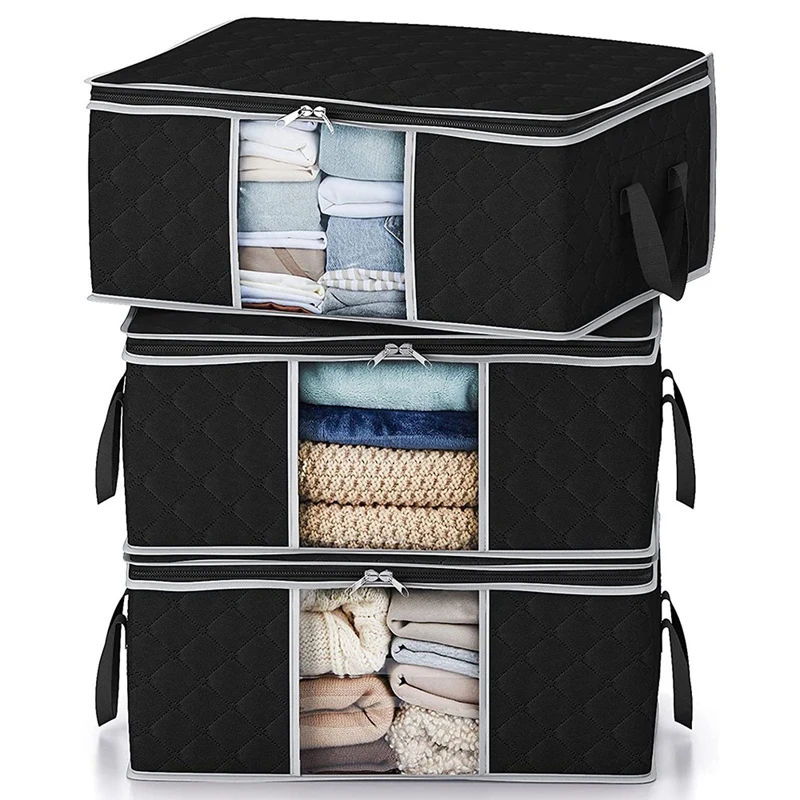 

Clothes Storage Bag Foldable Storage Bin Closet Organizer With Reinforced Handle Sturdy Fabric Clear Window 3 Pack,Black