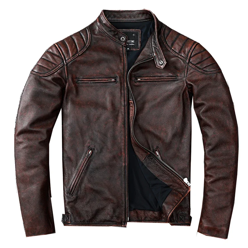 Vintage Distressed real Leather Moto Jackets Men Natural Calfskin Genuine Jacket Stand short Spring Autumn corium Coat