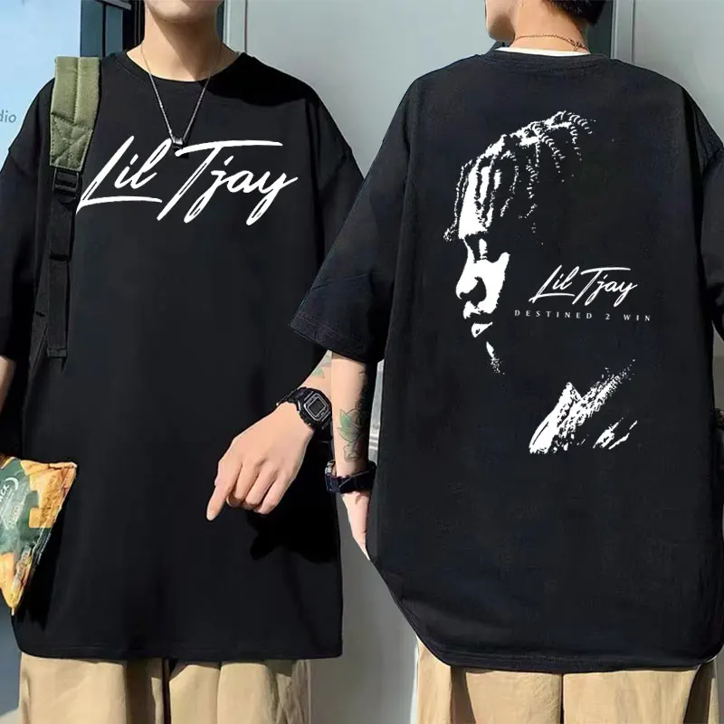 

Rapper Lil Tjay Destined 2 Win Double Sided Print Tshirt Tops Mens Quality Fashion Hip Hop T Shirt Men Black 100% Cotton T-shirt