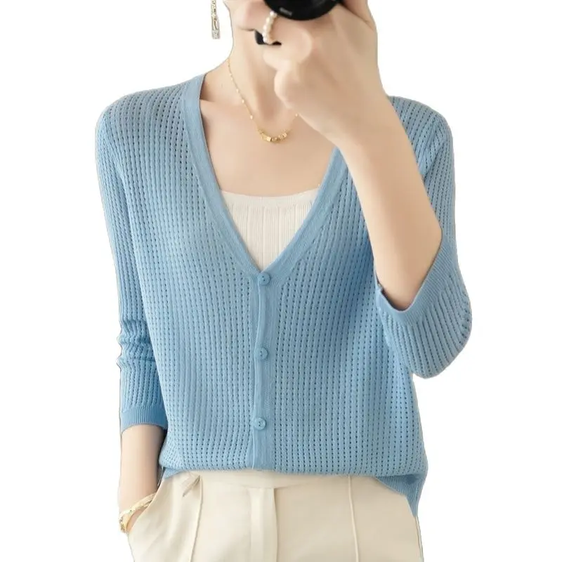 

Женский тонкий трикотажный кардиган, летняя кофта с вырезами, коротким рукавом до локтя и длинными рукавами, корейская мода, Солнцезащитная куртка, шелковая рубашка