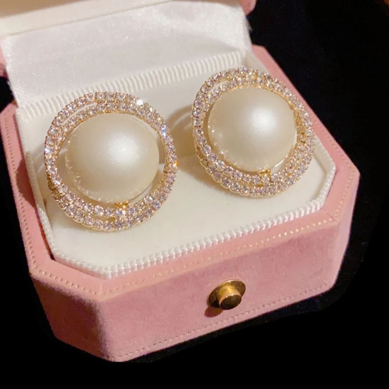 

French Retro Zircon Big Imitation Pearl Earrings Luxury Ear Studs For Women Classic Hoops Wedding Fashion Jewelry