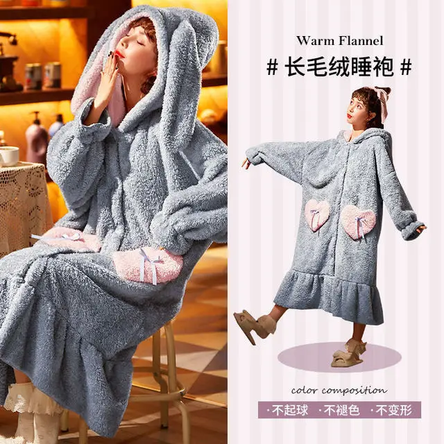 2023 Thick Winter Pajamas For Women Cartoon Sleepwear Robe Pants Set Jacquard Weave Bath Robe Homewear PJ Sets Flannel Kawaii