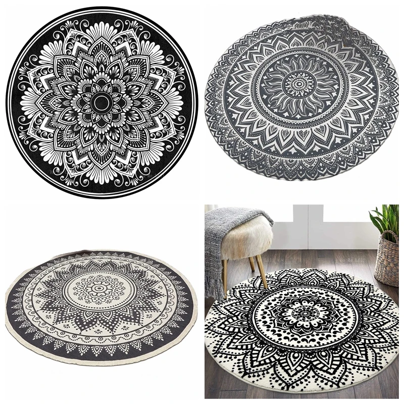 

Black And White Chic Mandala Bohemian With Tassels Round Flannel Floor Rugs Circle Carpet Indoor Throw For Living Room Bedroom