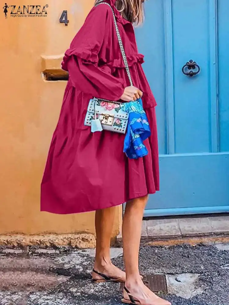 

ZANZEA Elegant Dress For Women 2022 Fashion Solid Shirt Robe Spring Baggy Long Sleeve Ruffle Vestido Casual Holiday Knee Dresses