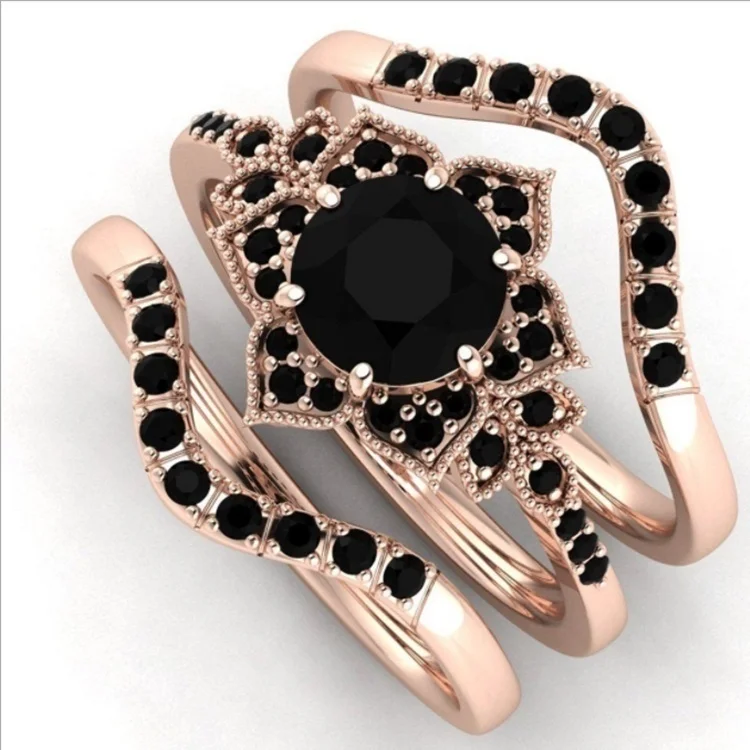 

Fashion Three-piece Black Zircon Flower Ring Simple Simple Creative Banquet Gift Rose Flower Rings Set for Women