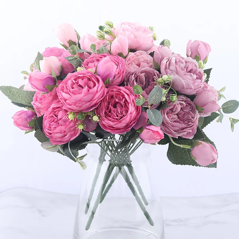 

Rose 30cm Pink Silk Peony Artificial Flowers Bouquet 5 Big Head and 4 Bud Cheap Fake Flowers for Home Wedding Decoration indoor