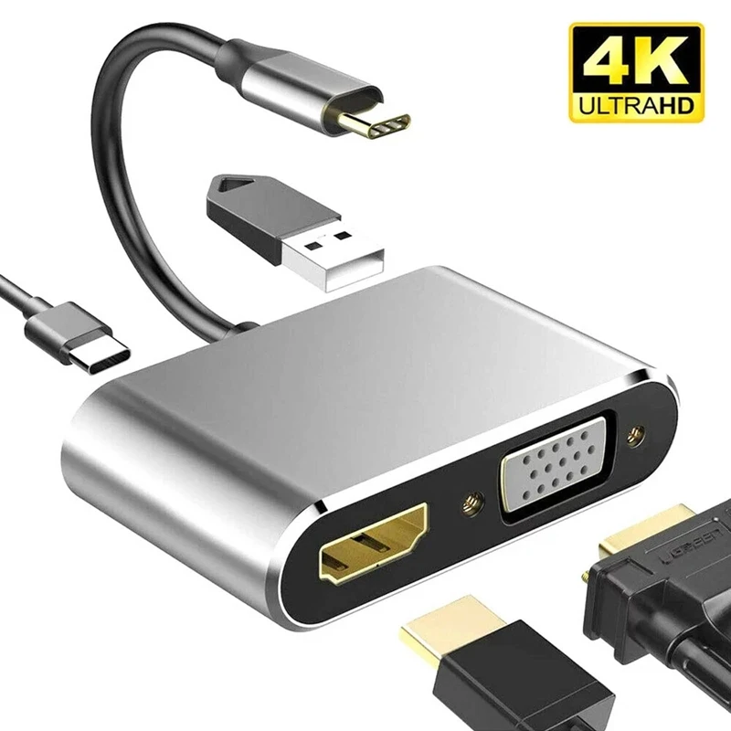 

Usb C To 4K Vga Adapter 4 In 1 Hub Usb 3.0 Otg Charging Power Pd Port Compatible For Macbook Pro/Dell Xps/Samsung Galaxy