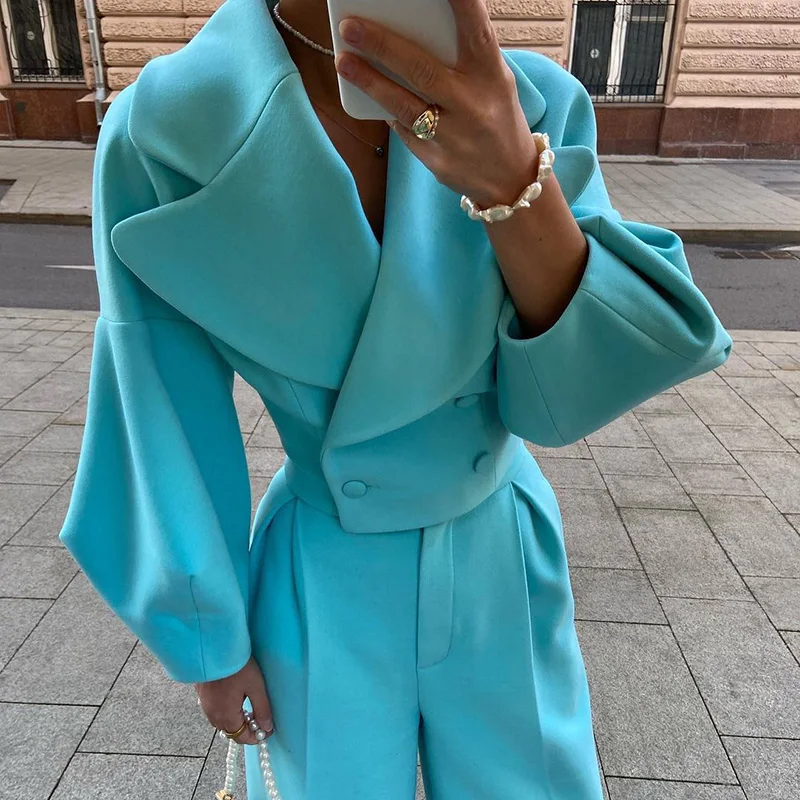 Winter Women Elegant Lantern Sleeves Two Piece Sets Leisure Loose Cropped Coat And Wide Leg Pants Suit Chic Office Lady Outfits