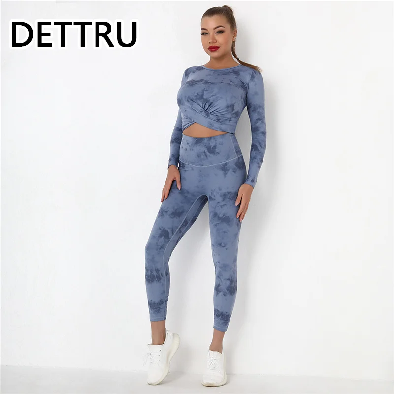 

Детские костюмы для йоги Tie Dye рубашка с длинным рукавом + леггинсы с высокой талией сексуальные нейлоновые костюмы для тренажерного зала ды...