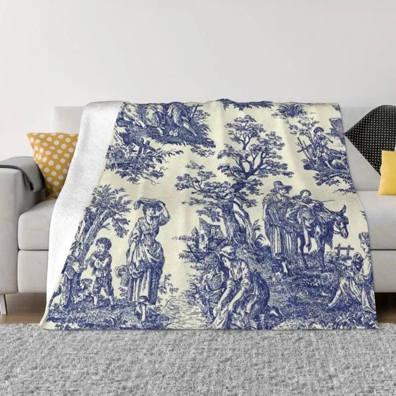 

Toile De Jouy Blue Blanket Soft Fleece Autumn Warm Flannel French Navy Blue Motif Throw Blankets for Sofa Home Bed Bedspread