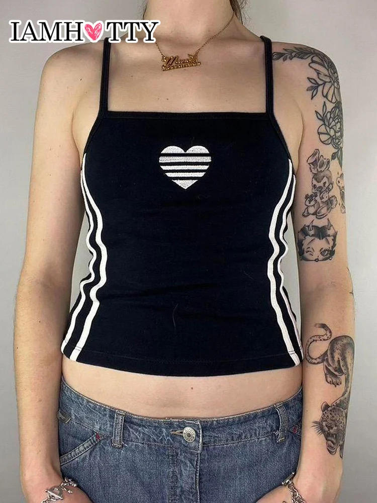 

IAMHOTTY Graphic Print Side Striped Casual Fitness Camis Black Vintage All-match Sports Vest High Street Chic Basics Tank Tops