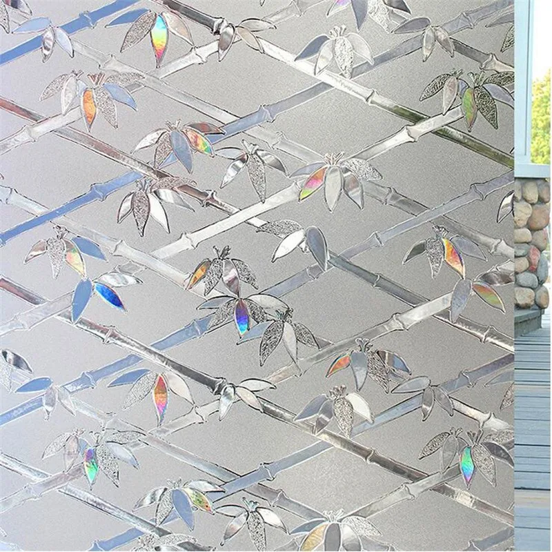 

60*200 Cm Laser Glass Bamboo Leaf Glass Film,No-Glue 3D Static Decorative Glass Window Sticker Decals